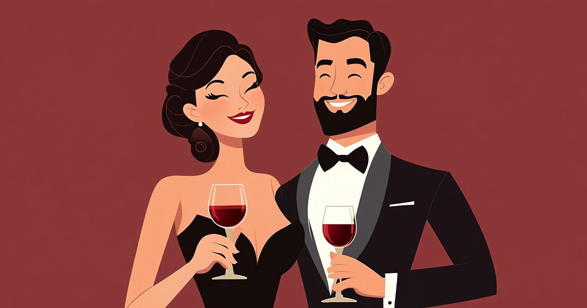 An AI-generated image of a well-dressed couple drinking wine.