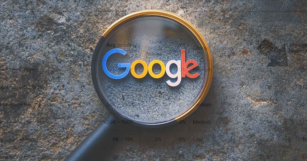 Google's logo with a magnifying glass.