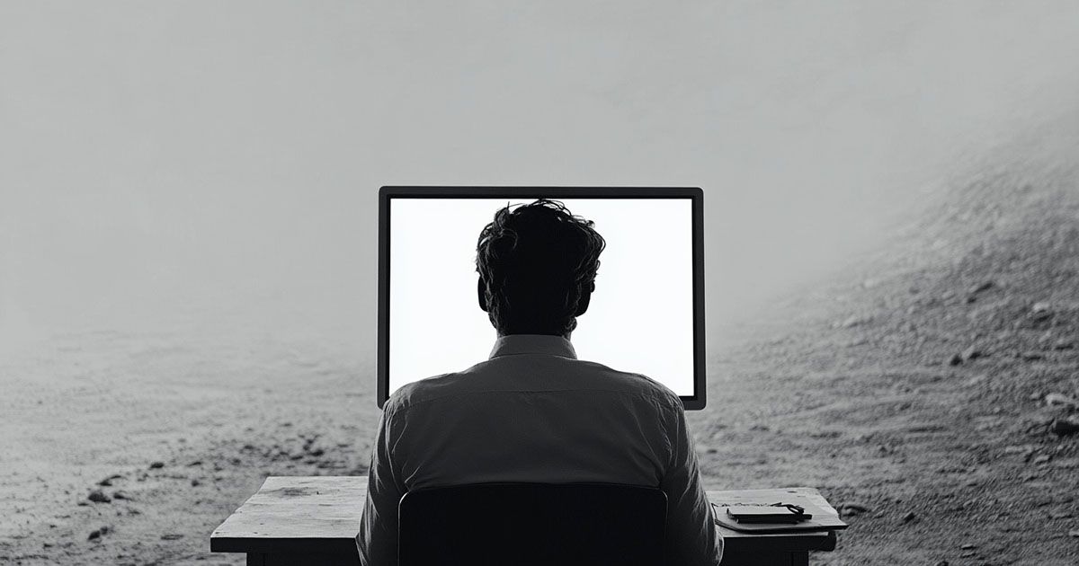 A writer sitting at a desk looking at a blank screen.