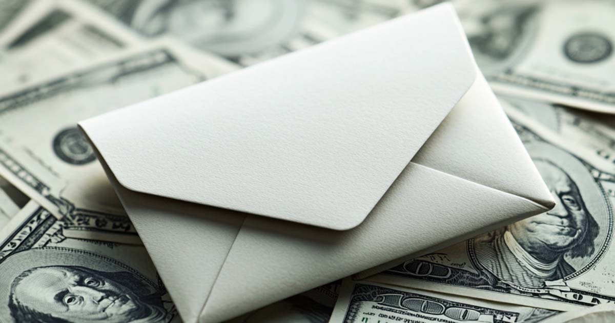 An envelope representing email newsletters resting on a stack of money.