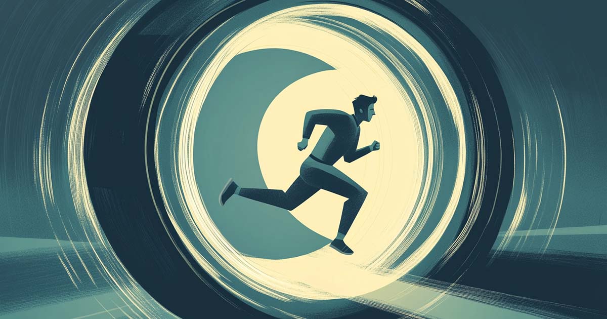 An illustration of a man running in a giant blue wheel.