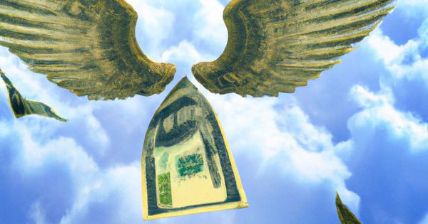 An image showing winged money flying with a beautiful sky in the background.