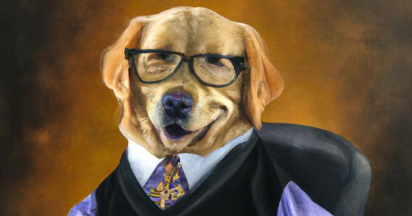 An AI-generated oil painting smug-looking Labrador Retriever dressed like a 1970s Actuary seating at a table