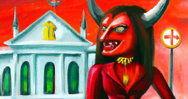 An AI generated image of the devil standing in front of a bank.