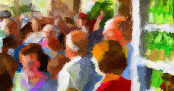 An AI generated image of a crowded grocery store in the style of an oil painting.