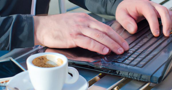 An AI generated image of a man working at a laptop whilst sitting at an outdoor cafe.
