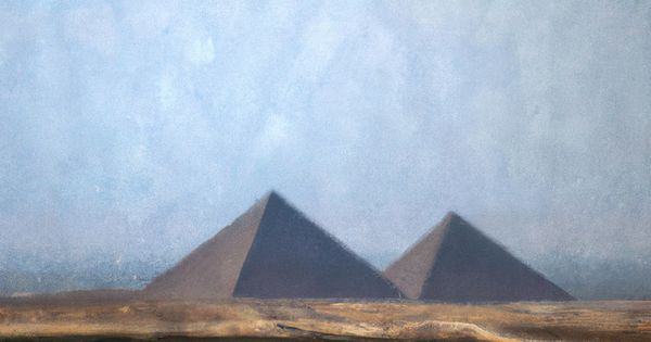 An AI generated image of two pyramids seen in the distance.