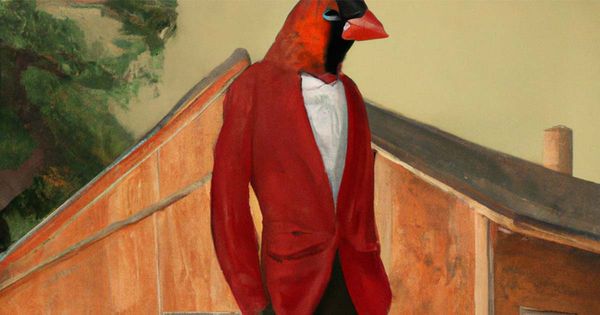 An AI generated image of a cardinal bird dressed like a 1970s business suit standing in front of a ranch-style house. 