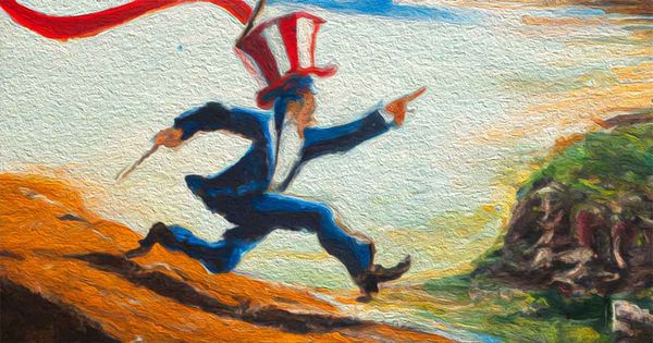 An AI-generated image of Uncle Sam running off of a cliff.