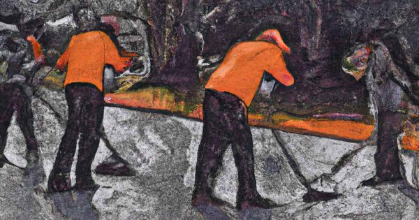 An AI-generated image showing workmen sealcoating a driveway.