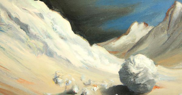 An AI-generated image of an oil painting of an avalanche with a snowball in the foreground.