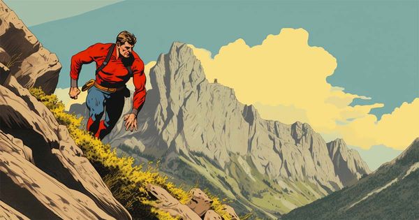 An AI-generated image of a man climbing a mountain done in the style of a 1970s superhero comic.