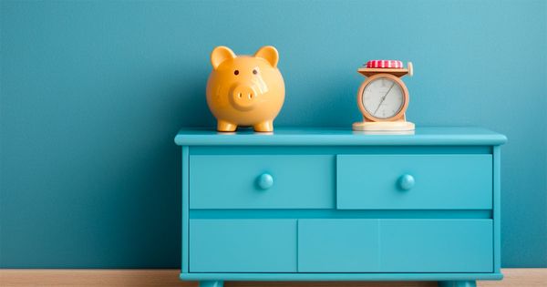 AI-generated image of a piggy bank sitting on a dresser.