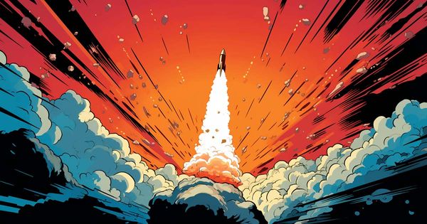 An AI-generated image of a rocket launch in the style of a comic book.