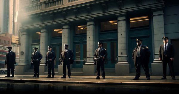 An AI-generated image of agents standing in front of a bank.