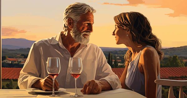 An AI-generated image of a couple having wine.
