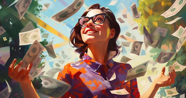 An AI-generated image of a women with money.
