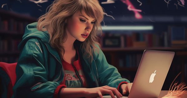 An AI-generated image of Taylor Swift blogging.