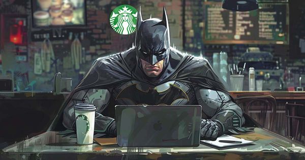 An AI generated image of Batman at a Starbucks.
