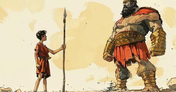 An AI-generated image of David and Goliath.