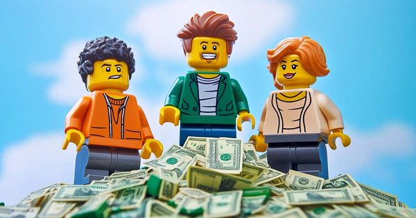 An AI-generated image of three Lego characters standing on a bunch of money.