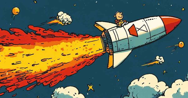 A cartoon of a rocket blasting off.