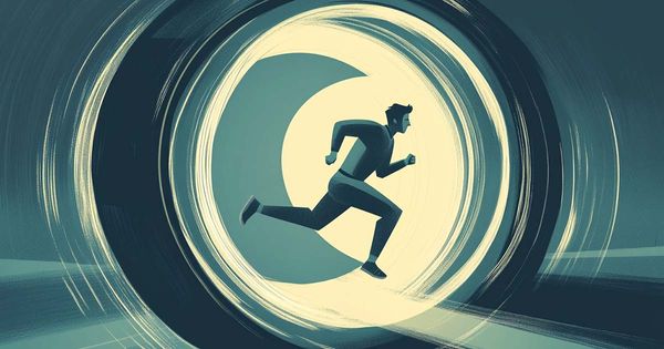 An illustration of a man running in a giant blue wheel.